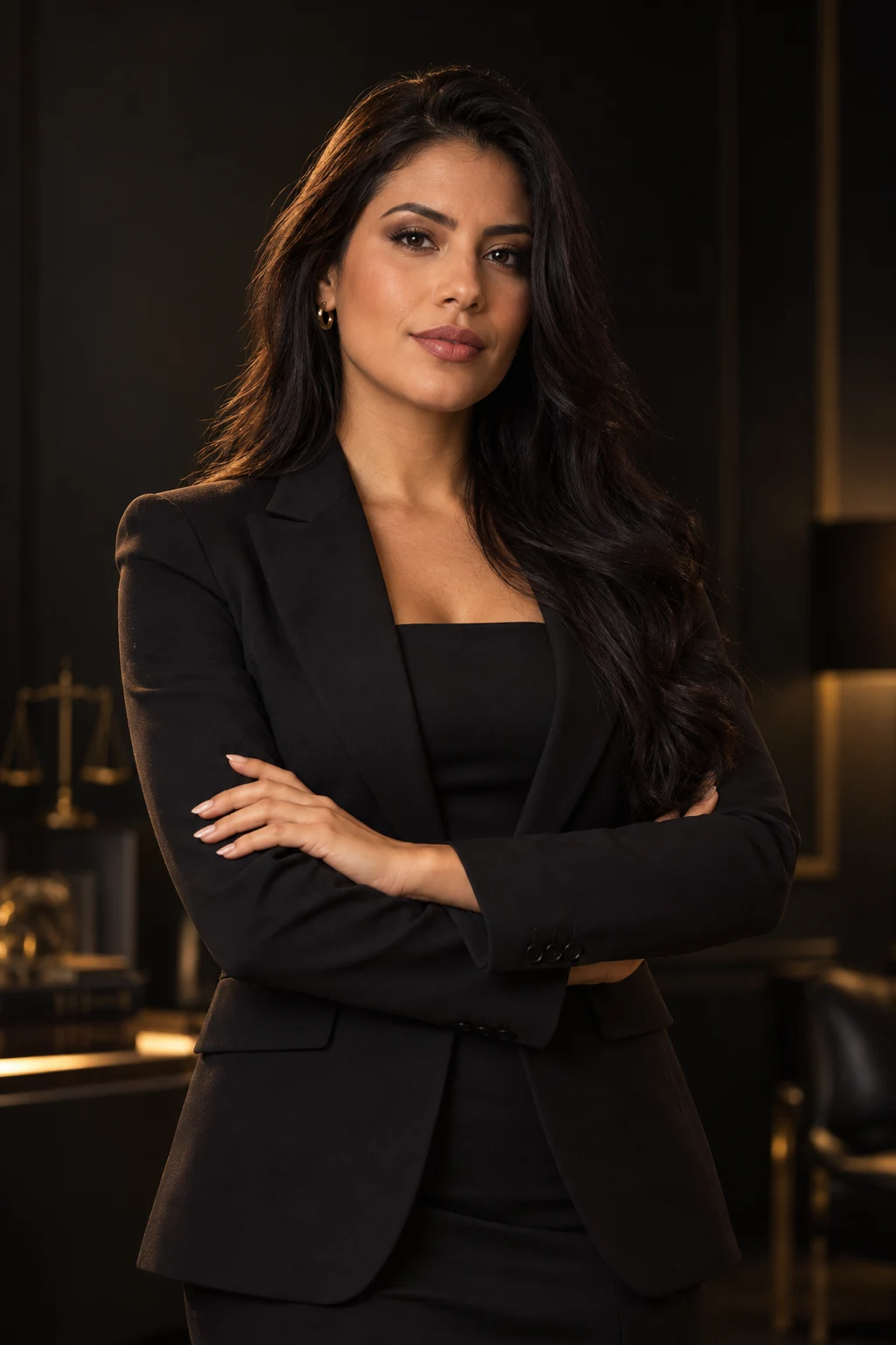 Retrato ilustrativo de uma mulher com cabelos pretos e blazer, de braços cruzados