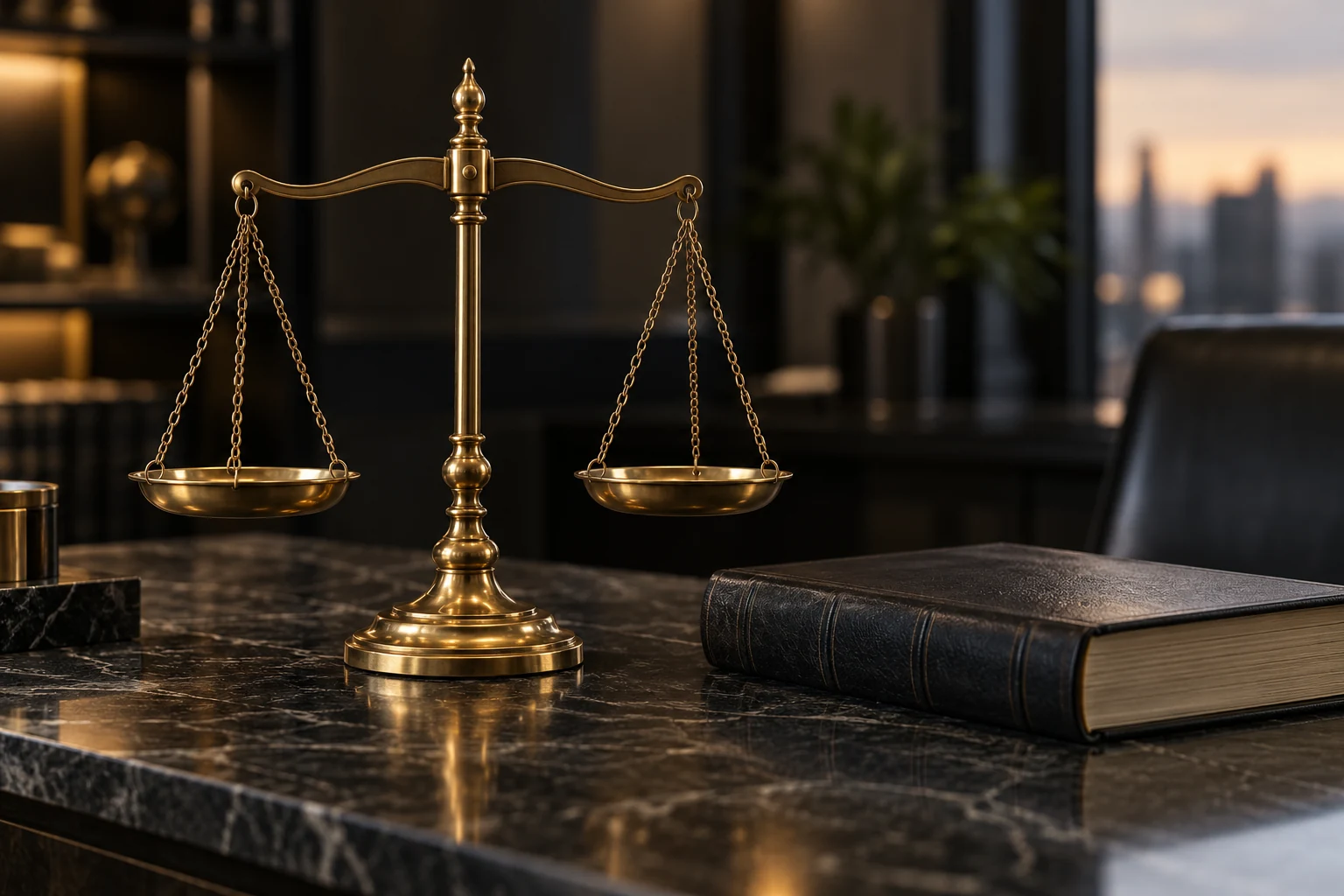 Balança de Justiça em bronze ao lado de um livro sobre uma mesa escura